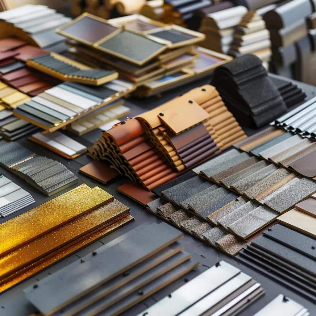Diverse selection of roofing materials including asphalt shingles, metal panels, and tile samples, showcasing various options for homeowners