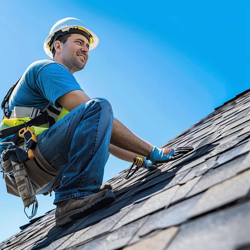 Expert roofing professional meticulously inspecting a home's roof, highlighting our commitment to quality and reliability