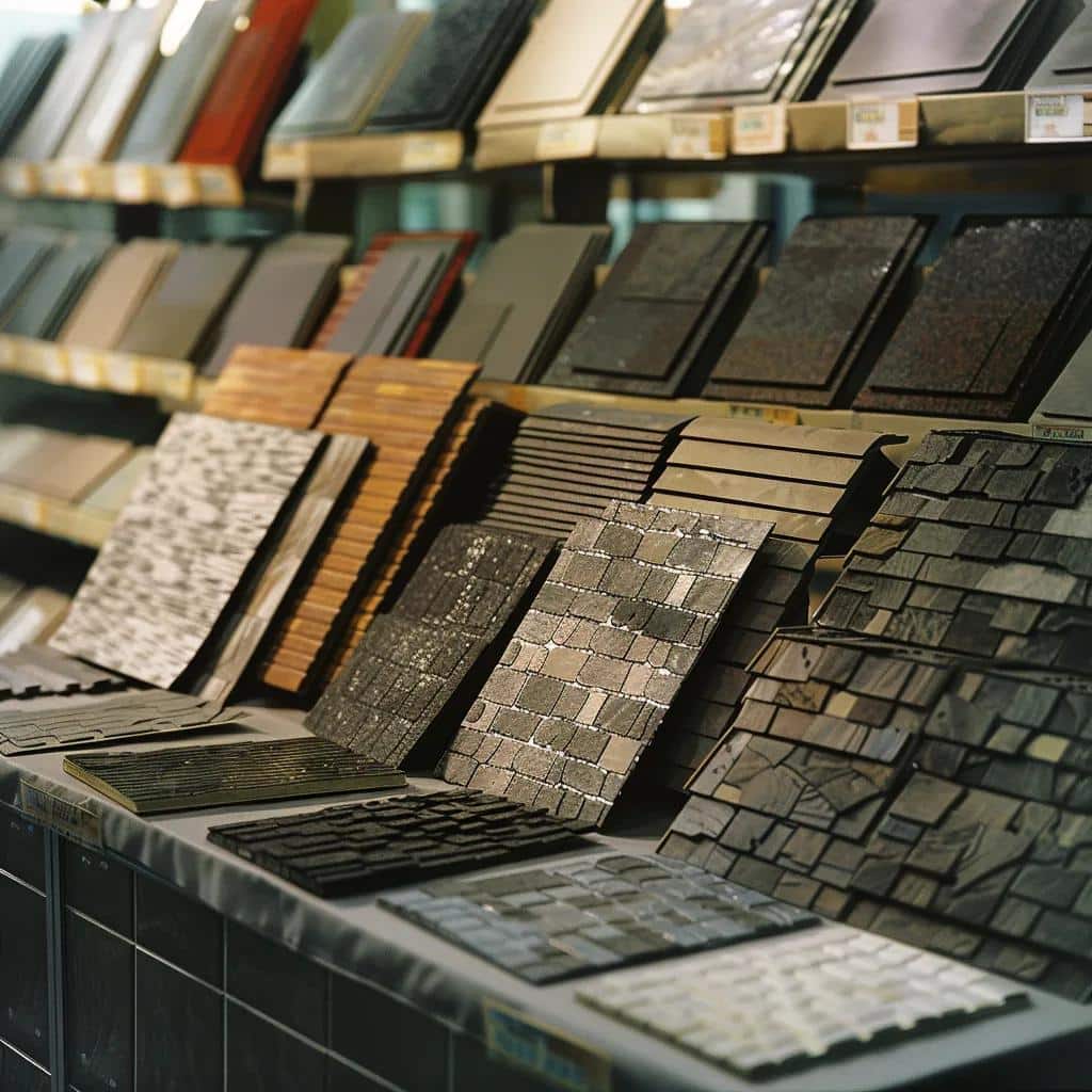 Diverse selection of roofing materials including asphalt shingles, metal panels, and tile samples, showcasing various options for homeowners